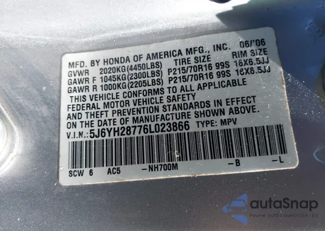 2006 Honda Element Ex-P z USA, uszkodzony, nr VIN 5J6YH28776L023866